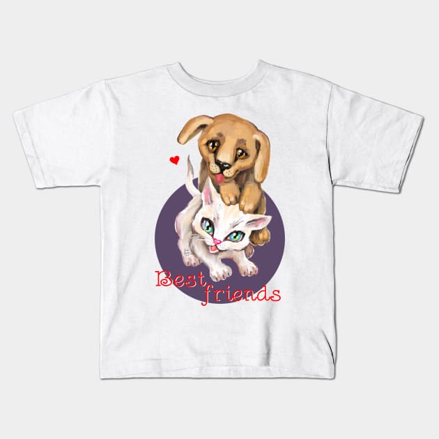 Cute small cat and dog. Sweet little baby pets. Kitten and puppy friends. Kids T-Shirt by Rukki Zukki Art